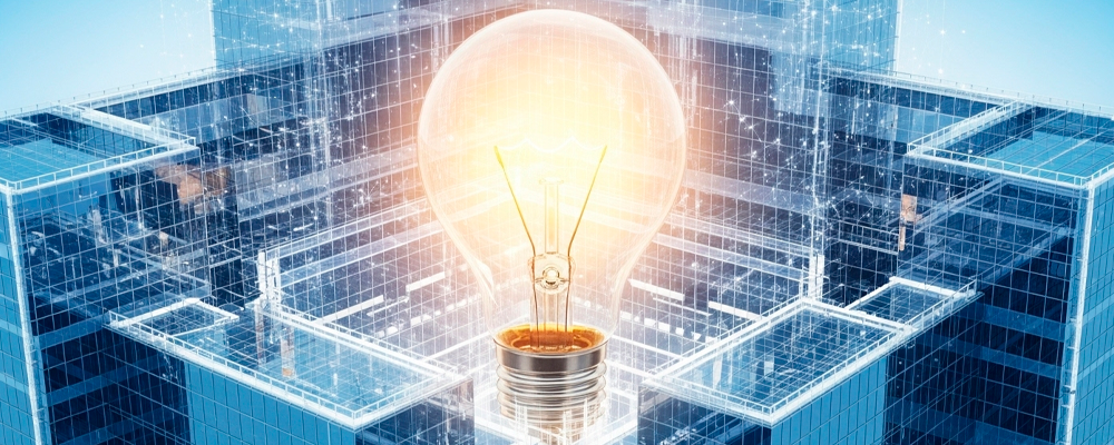 Uma imagem de uma lâmpada surgindo dentro de um ambiente corporativo