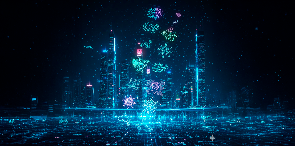 Imagem de uma cidade com luzes e ícones de tecnologias emergentes transparecendo
