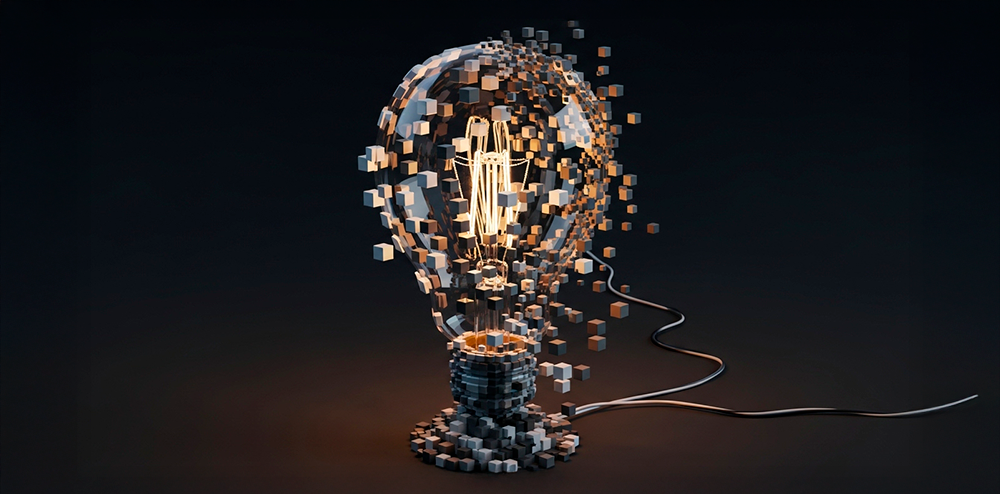 Ilustração de uma lâmpada sendo construída por meio de pixels