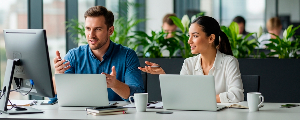 Imagem de duas pessoas trabalhando em conjunto em um projeto