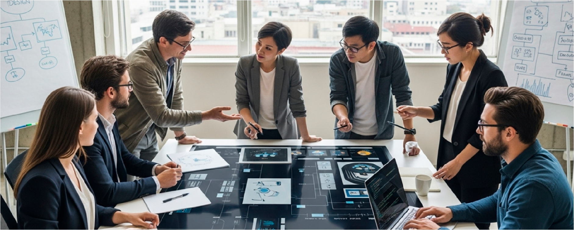Imagem de executivos em uma mesa tecnológica realizando uma reunião