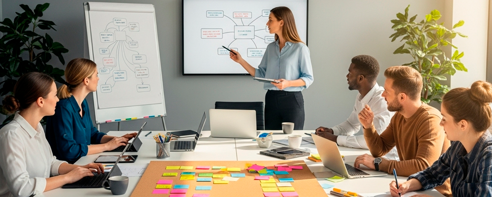 Pessoas tendo uma reunião em uma sala de coworking