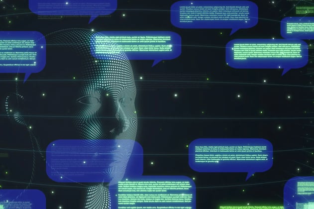 imagem de rosto de holograma com balões de conversas ao redor. A imagem refere-se ao uso de IA para tecnologias como o ChatGPT.