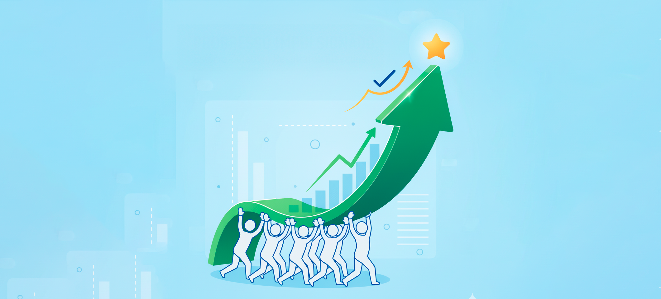 Uma ilustração de pessoas empurrando uma seta de gráfico para cima