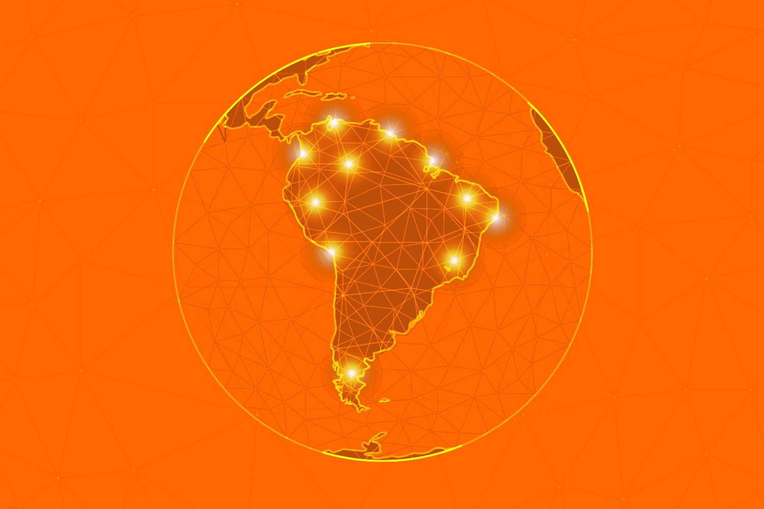 Mapa da América Latina com conexões espalhadas, remetendo a pontos de tecnologia e inovação.
