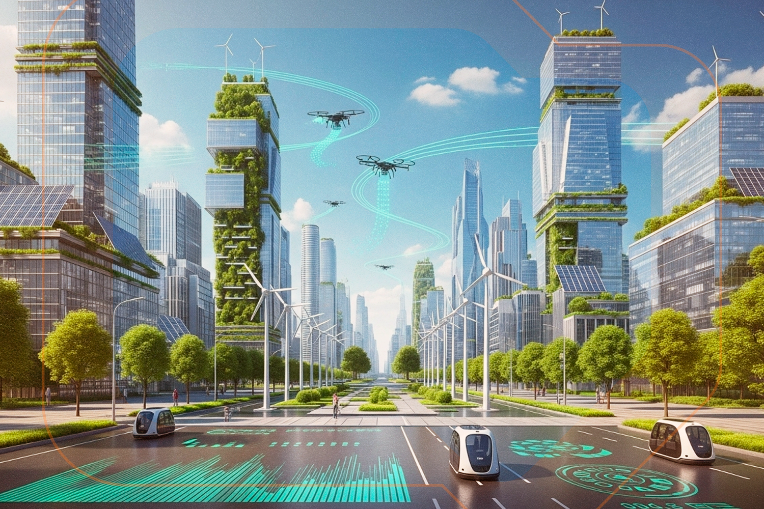 Imagem de uma cidade futurística, com uma vegetação verde extremamente presente