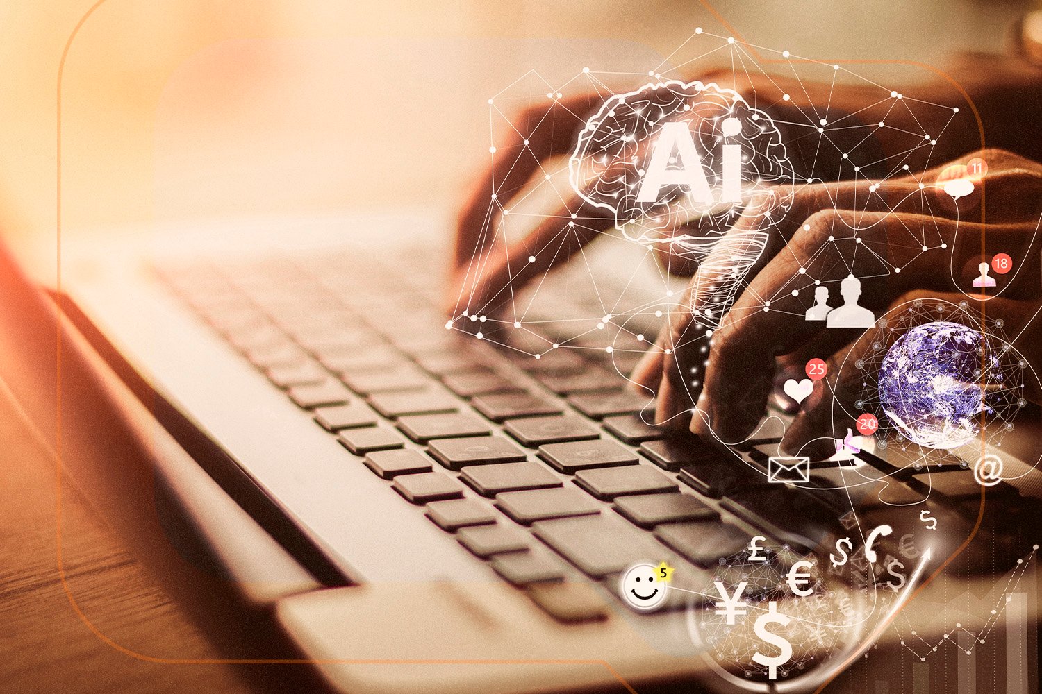 Duas mãos digitando em um teclado, com símbolos que representam tecnologia, IA, expansão global, conexão mundial, demonstrando como a inovação tecnológica tem o papel de conectar. 