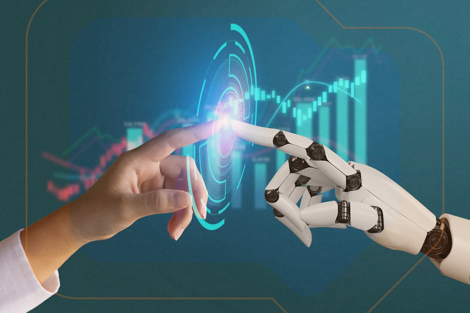 Uma mão humana e uma mão robótica, as duas se tocando, mostrando a fusão entre o ser humano e a tecnologia