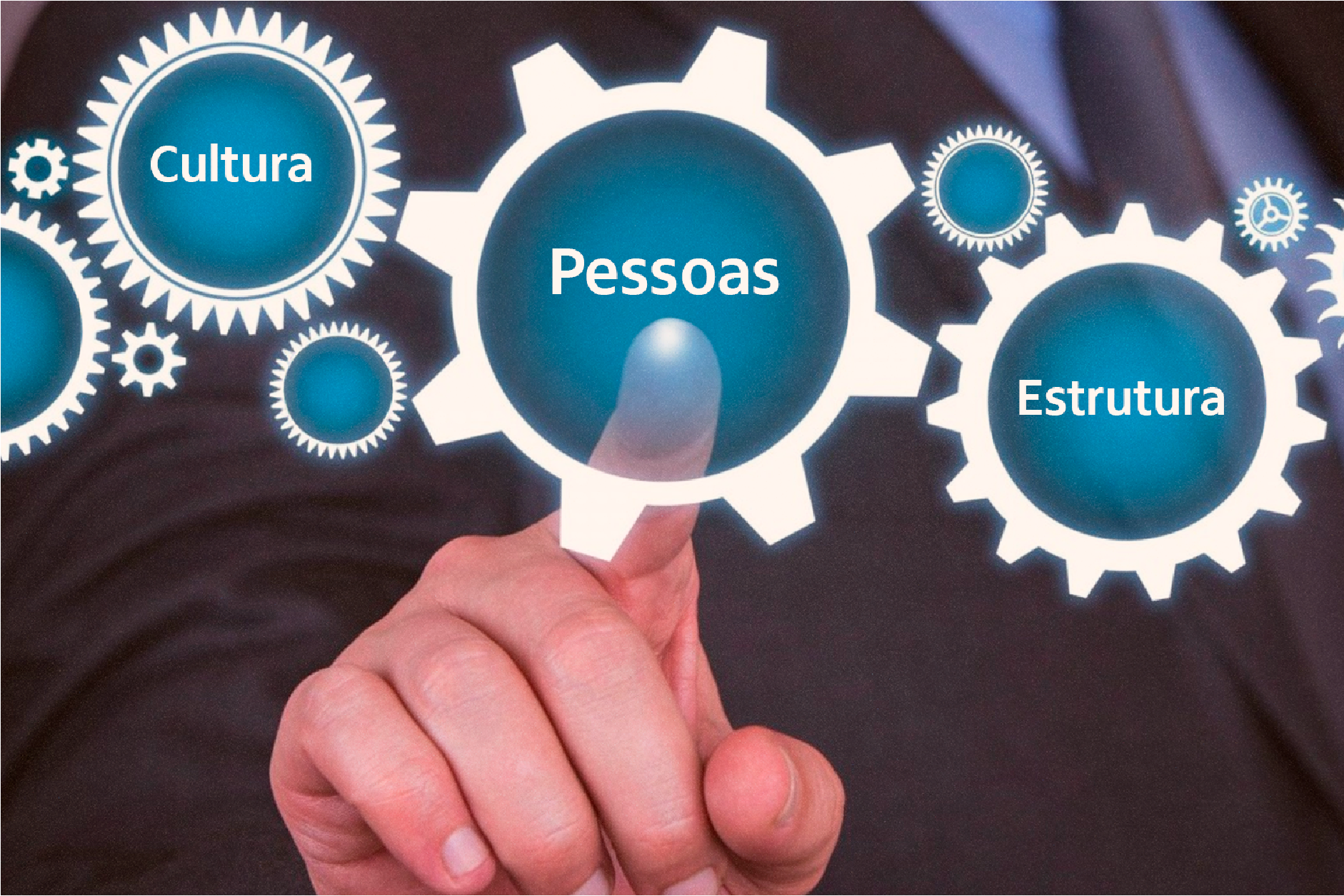 Imagem com engrenagens representando pessoas, estrutura e cultura, ligadas funcionando 