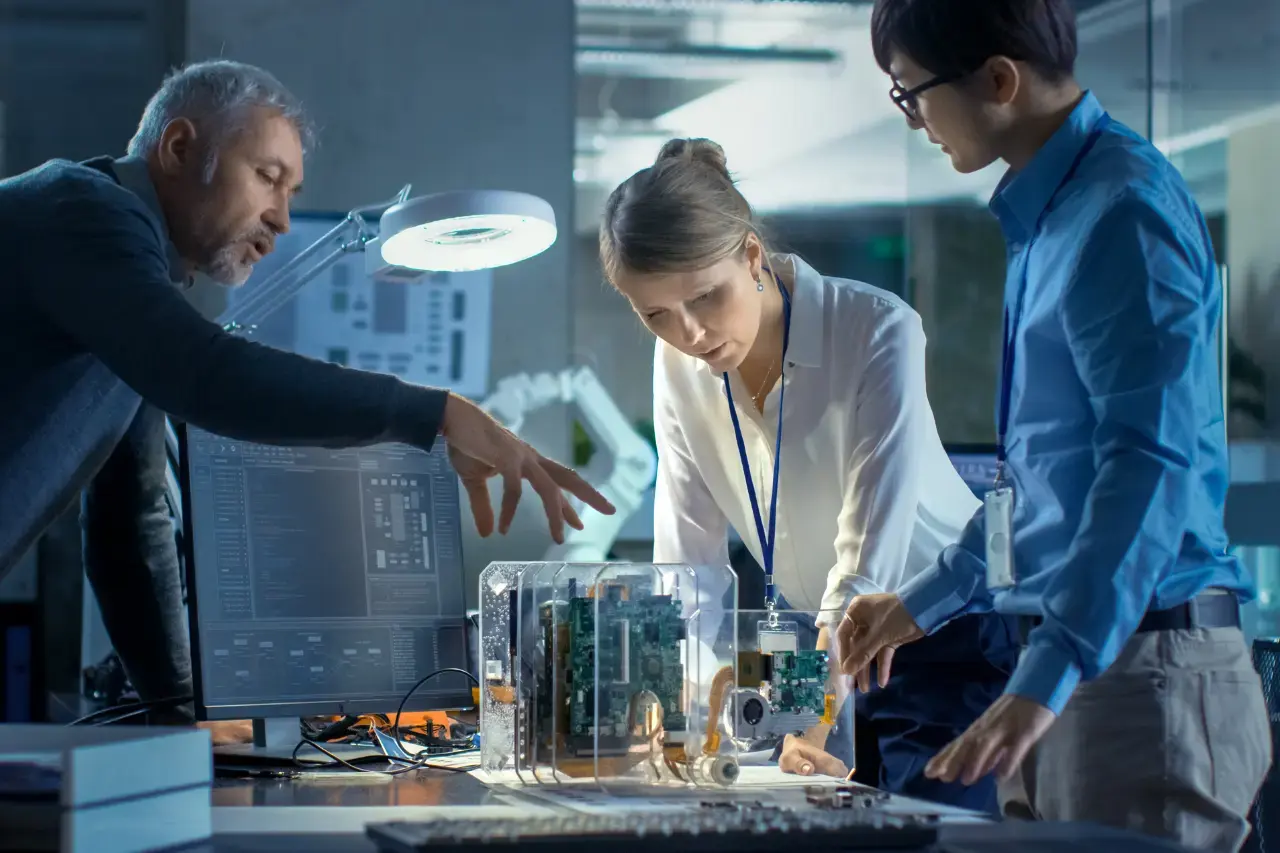 A imagem apresenta um trio de pessoas adultas multi-étnicas que estão em um laboratório, vendo uma simulação digital sobre uma mesa. O tema do artigo é horizontes de inovação.