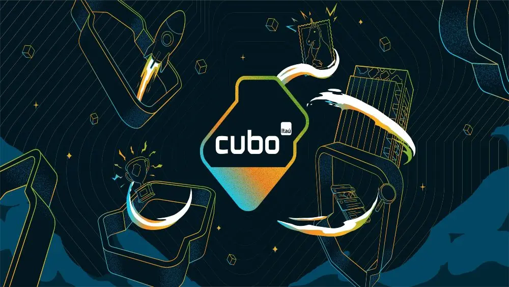 A imagem apresenta elementos gráficos e traz ao centro o Selo Cubo, premiação criada pelo hub de Inovação Cubo Itaú.