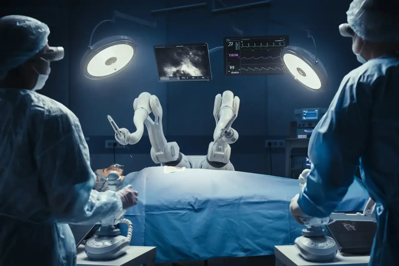 A imagem apresenta duas pessoas, provavelmente médico-cirurgiões, que realizam um procedimento cirúrgico, utilizando para tanto mãos mecanizadas. Na imagem, dois braços mecânicos estão ao lado de um paciente sobre uma maca. O tema do artigo é inteligência artificial na saúde.