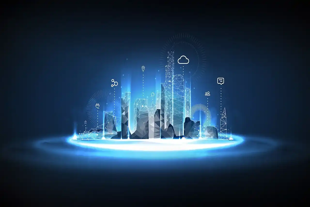 cidade em cima de círculo iluminado azul e ícones de nuvem e símbolos digitais representando nova economia
